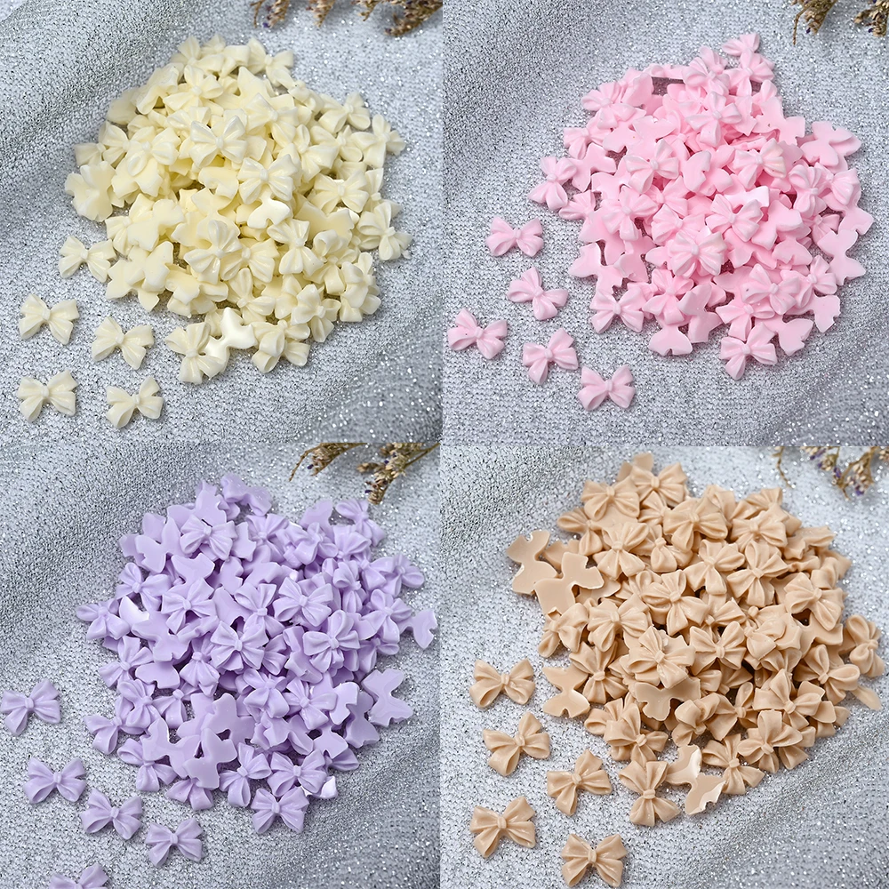 100Pcs Pink White Ribbon Bow Nail Charms 3D Resin Cream Color Bowknot Rhinestone Kawaii Korean Nail Supplies Manicure Design