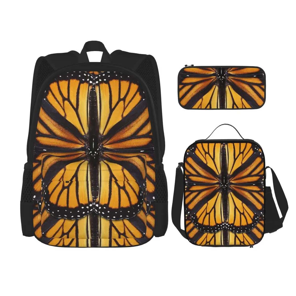 Mochila escolar con alas de mariposa Monarch, alas naranjas y doradas, mochila para niños, bolsa para el almuerzo, bolsa para bolígrafos, juego de tres piezas