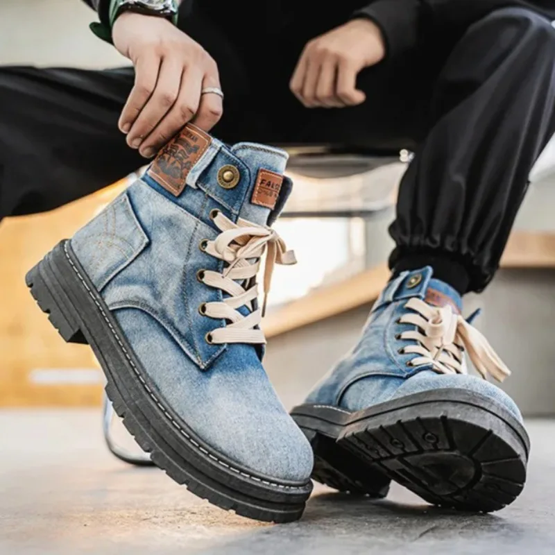 Size 48 Mens Shoes High Quality Denim Lace-Up Men Boots Walking Travel Boots Platform Boots Casual Men Shoes Botas Para Hombre - Image 6