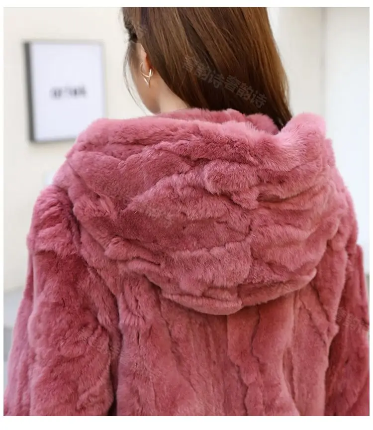 겨울 여성용 리얼 퍼 코트 루즈핏 탑 토끼털 재킷 후드 여성 의류 푹신한 털 천연 퍼 재킷 포켓 파카