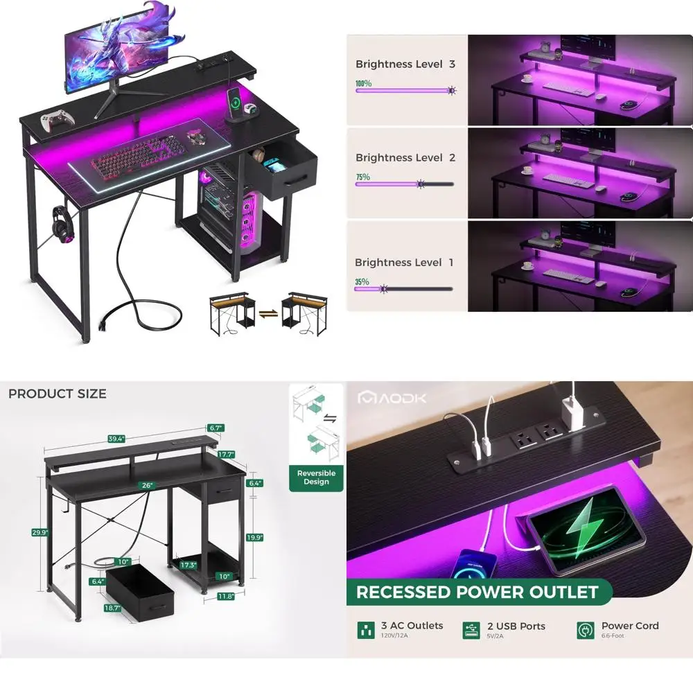 LED-lit 40 Inch Computer Desk with Drawer and Power Outlet, Reversible Desk with Monitor Stand