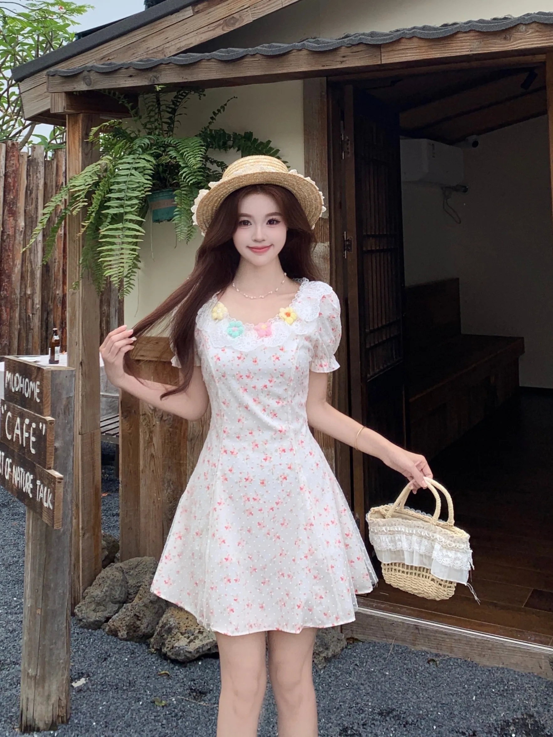 

Sweet Style plus Size Women's Dress Pink Lace Floral Bubble Sleeve Short A-Line Skirt High Waist Summer New Fashion Slim Fit