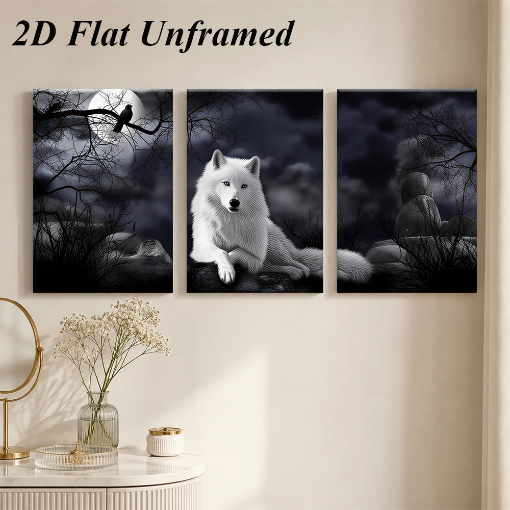 1 set of triptych black and white wolf frameless decorative paintings, modern minimalist decorative paintings, 2D plan