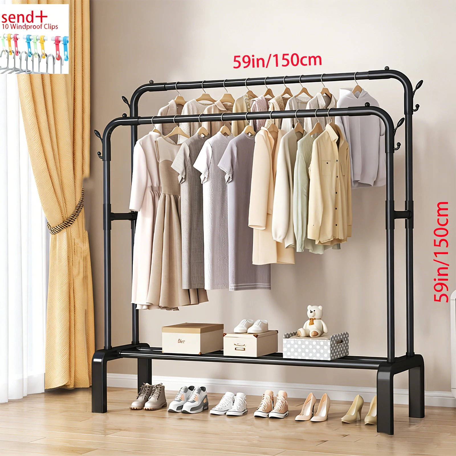 

Double Rod Clothing Rack With Bottom Shelf，Heavy Duty Garment Organizer With Extra Hooks，Space Saving Clothes Rack