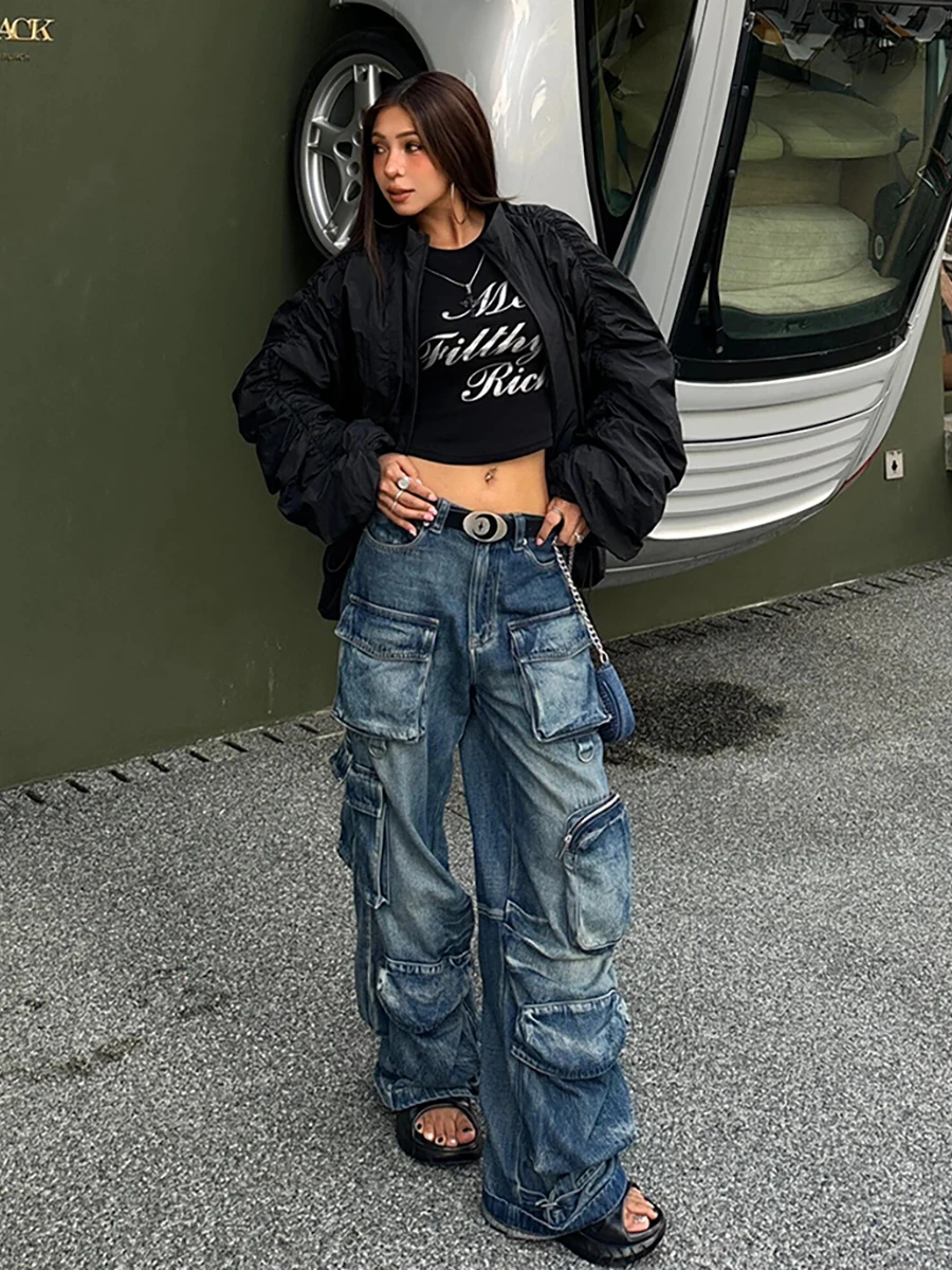 ReddaChic Multi-pocket Label Baggy Jeans Women Vintage High Rise Pintuck Adjustable Wide Leg Cargo Pants Dancer Hiphop Workwear