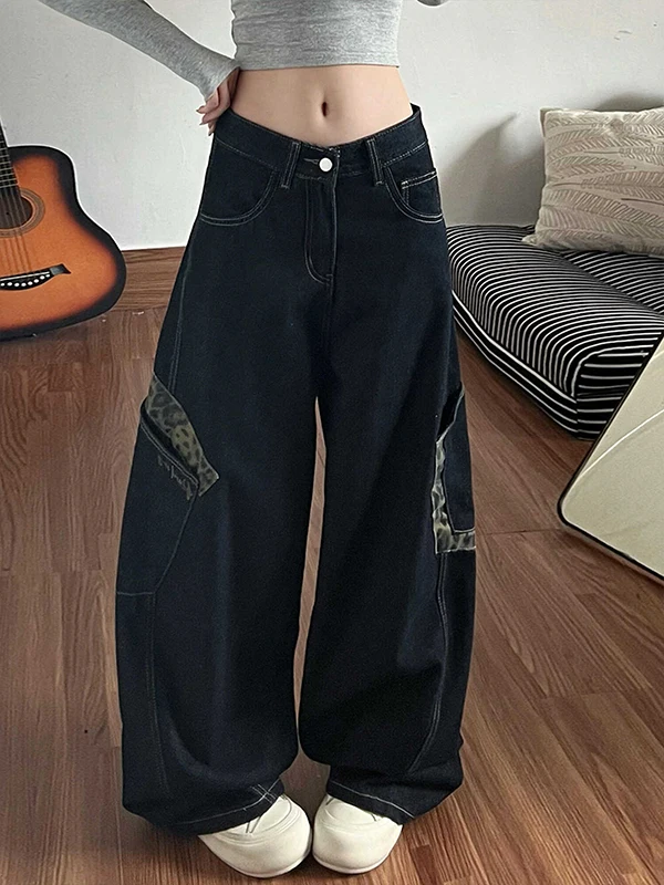 American Retro Leopard Print Patchwork Wide Leg Straight Cut Jeans Women's Fashion Design Spring Autumn New Style Casual Cott...