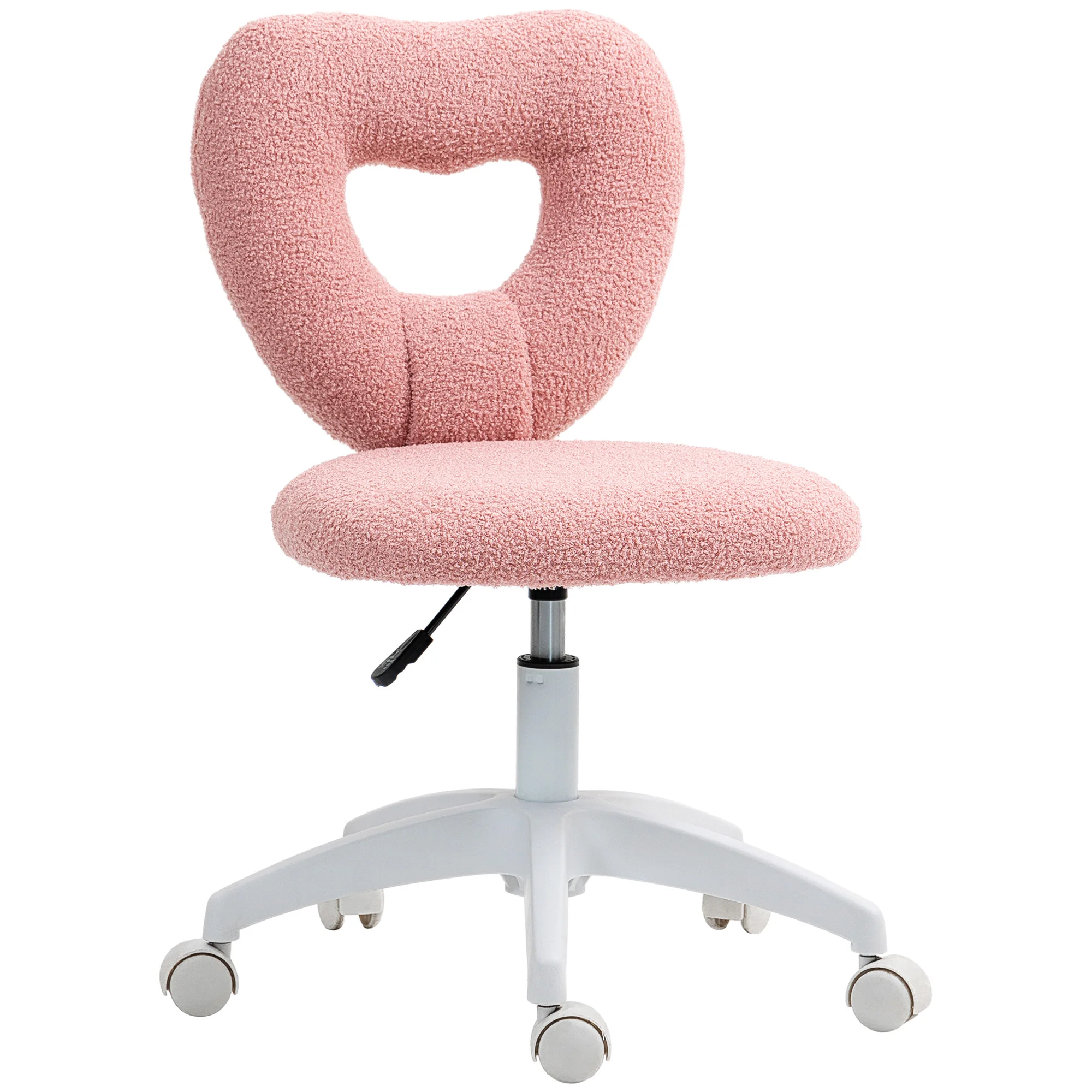 HOMCOM Armless Home Office Cute Desk Chair, Height Adjustable Computer Task Chair, Modern Teddy Fleece Heart Makeup Vanity Chair with Swivel Wheels, Pink
