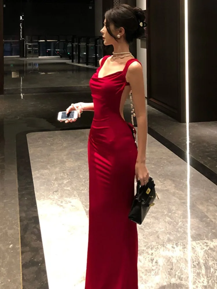 Damska seksowna czerwona sukienka bodycon na ramiączkach spaghetti z odkrytymi plecami, letnia sukienka maxi bez rękawów z kokardą, modna suknia wieczorowa na bal maturalny, vestidos