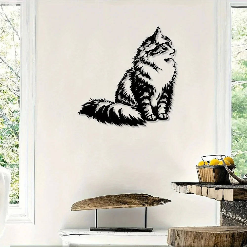 Arte de pared de metal con diseño de gato Maine Coon, decoración colgante de hierro negro resistente al óxido con textura de piel realista para el hogar y la oficina, 1 unidad