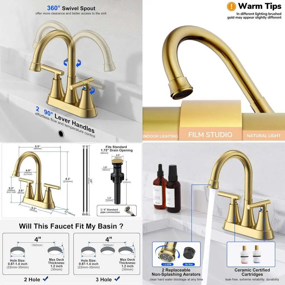 

2 шт., 4 матовых золотых смесителя для раковины в ванной комнате с 3 отверстиями, выдвижным сливом и бессвинцовым центральным устройством из нержавеющей стали для туалетного столика и автофургона