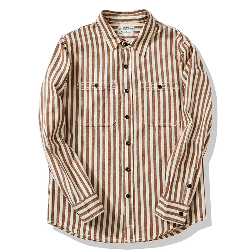 New OKONKWO vertical striped shirt American retro men's striped workwear Washed Cotton long-sleeve shirt Amei Khaki