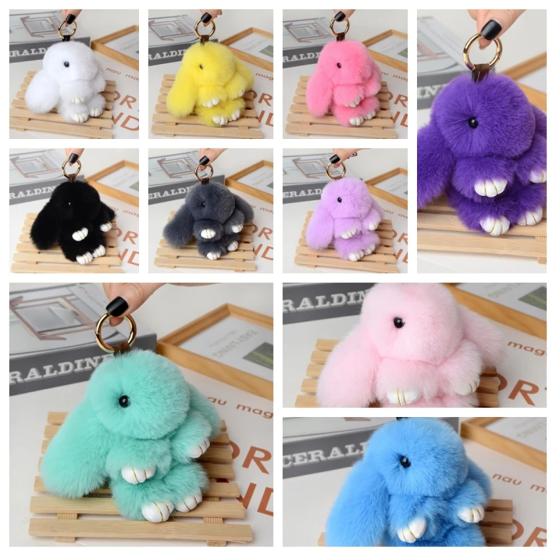 2024 Multicolor Rabbit Keychain Ring Fluffy Real Fur Pompon Bunny Trinket Key Chain Charm Cute Ring On Bag Car Key Pendant