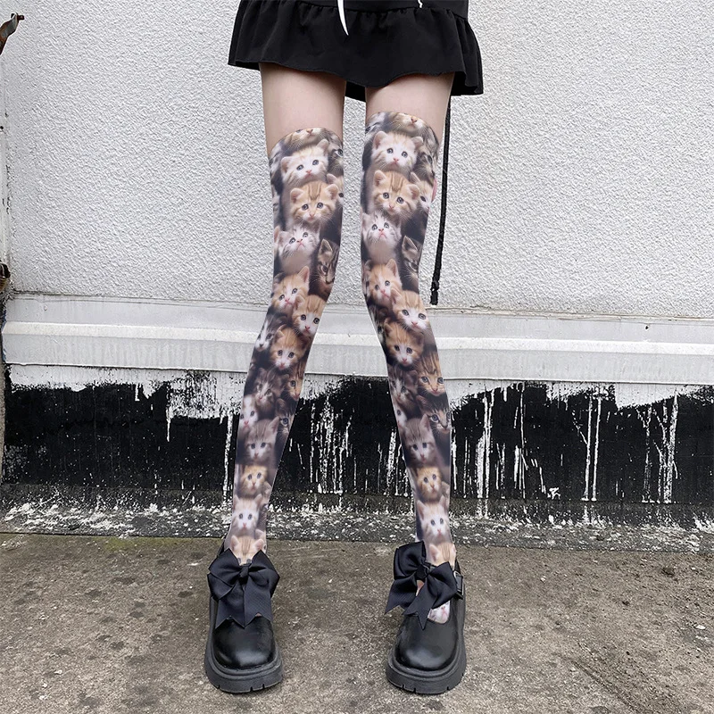 Printed Silk Stockings Thin Women\'s Spring and Autumn Japanese Lolita Cute Cat Knee High Long Tube White Velvet Socks