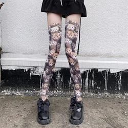 Printed Silk Stockings Thin Women's Spring and Autumn Japanese Lolita Cute Cat Knee High Long Tube White Velvet Socks