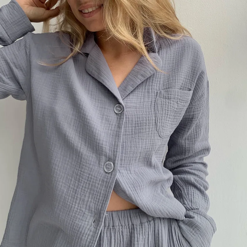 Gray Pajamas For Women Loose 2 Piece Sets Cotton Long Sleeve Sleepwear Female Trouser Suits 2023 Spring Casual Nightwear