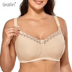 Gratlin Women's Breastfeeding Nursing Bra Plus Size Cotton Wirefree Soft Maternity Bra With Lace DD E F G Cup 34-42 44 46 48