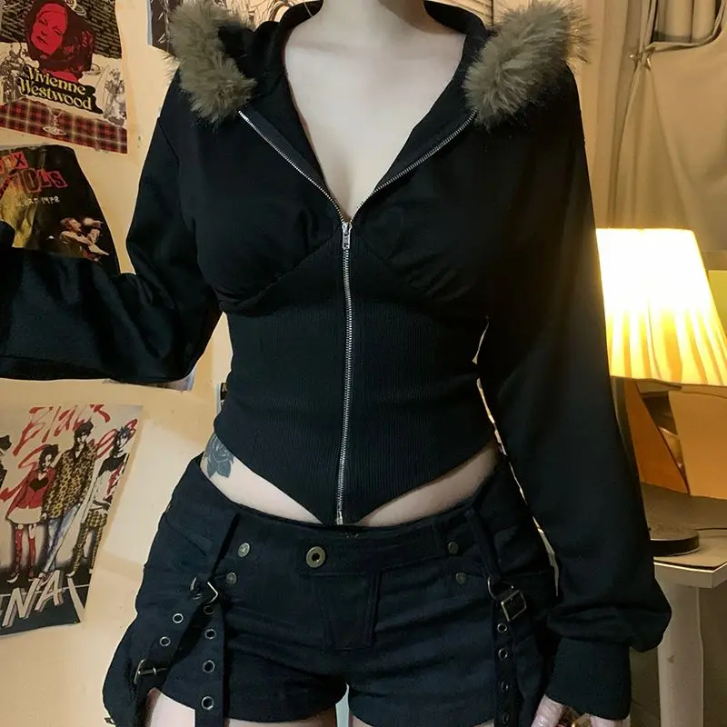 Fall Vintage Patchwork Fur Collar Zipper Short Sweatshirt Women's Subculture Sexy Spicy Girl Slim Long Sleeve Top
