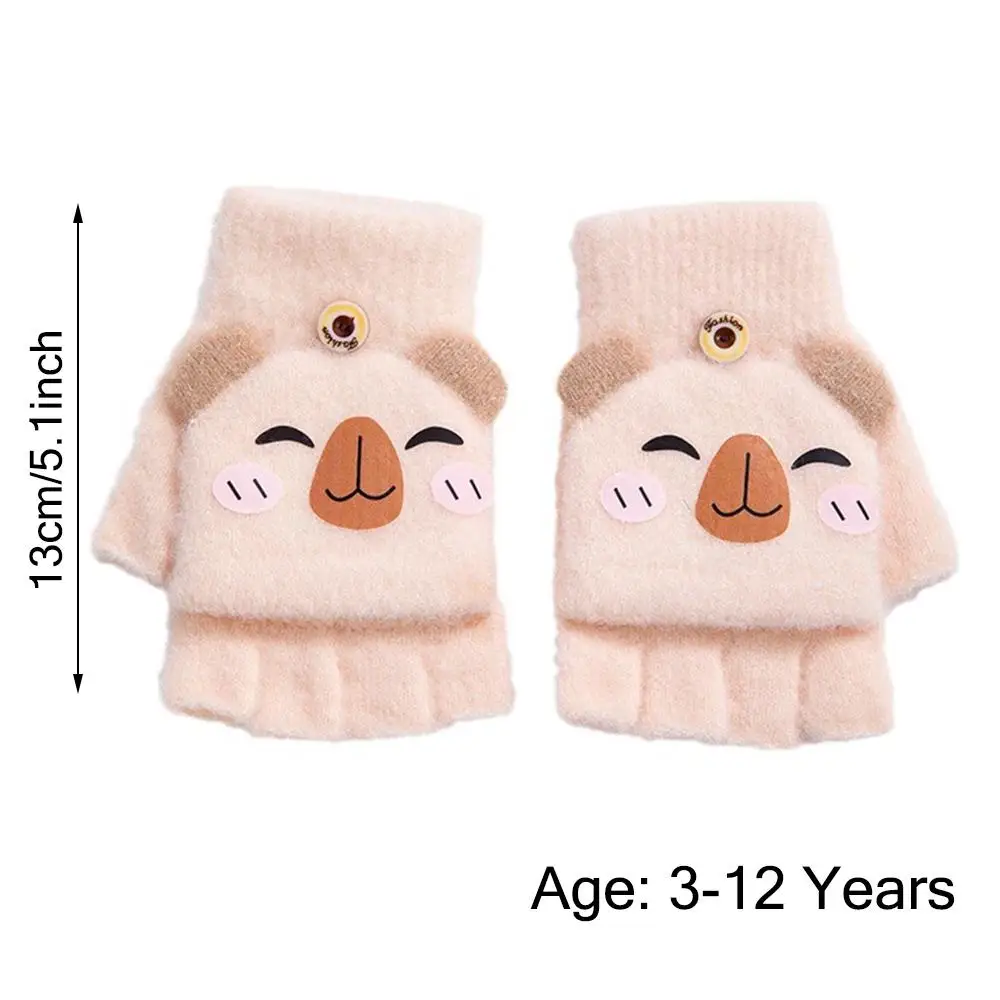 Capybara Kids Winter Gloves Thickened Mink Fleece Student Half-Finger Flip Gloves Cartoon Warm Knitted Mittens for Boys Girls