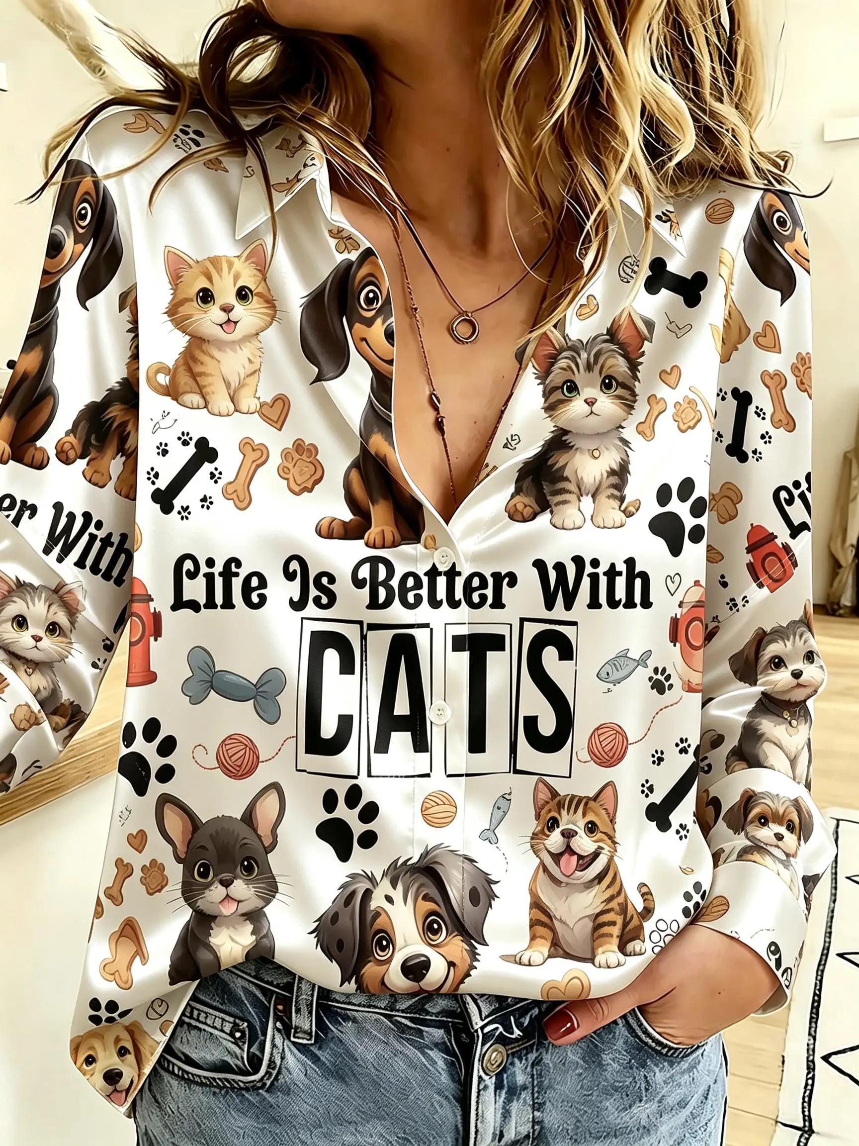 Women Cartoon Animal Graphic Button Down Shirt, Turn‑down Collar Long Sleeve Casual Daily Wear Top