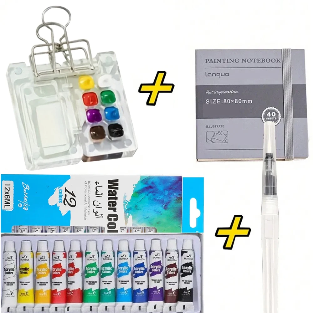 Mini juego de paleta de acuarelas portátil de acrílico de colores mezclados (PMMA) con cuaderno de bocetos de viaje, perfecto para el arte en casa y en movimiento