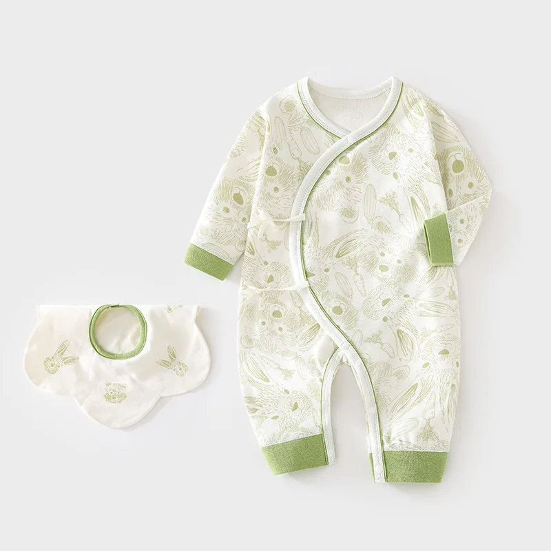 

0-6M Infant Baby Girls Rabbit Print Long Sleeve Onesie with Bib Newborn Baby Boys Cotton Butterfly Romper Set Soft Infant Outfit