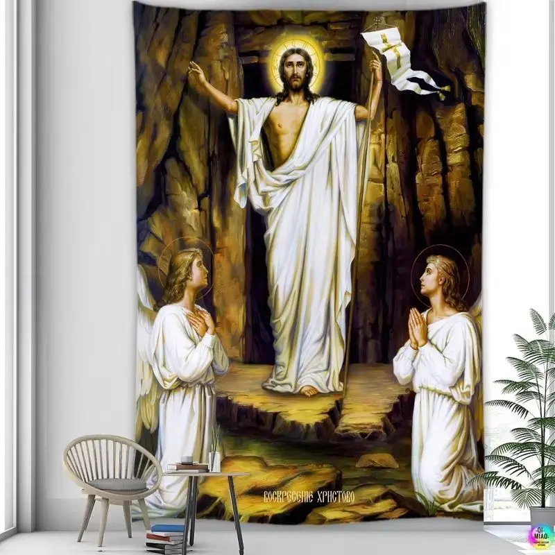 VIKAMA Orthodox Jesus Resurrection Tapestry Christian Religious Icon Wall Art Art for Church Living Space Bedroom Decor