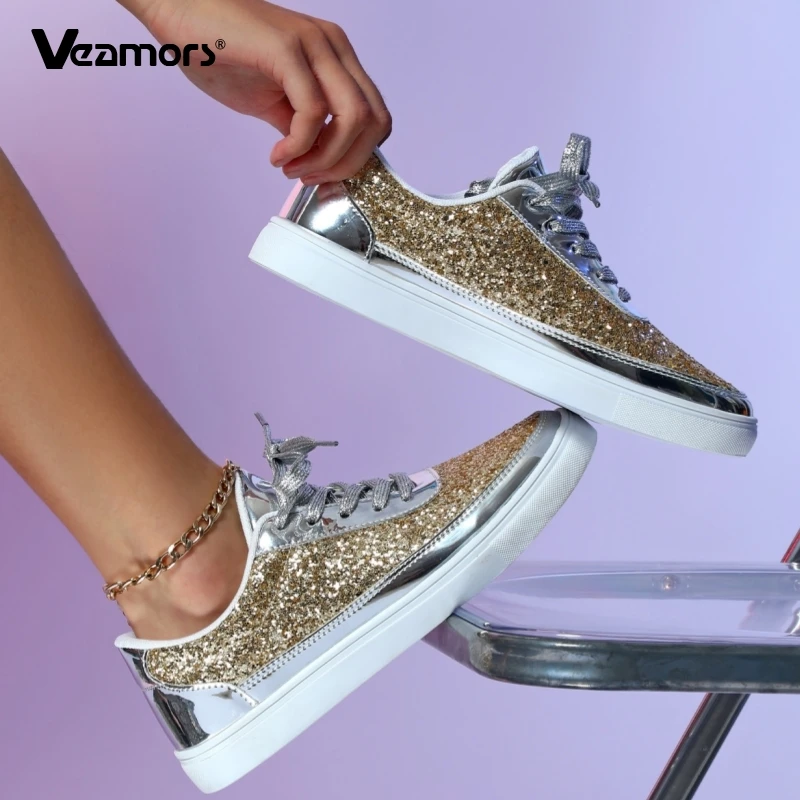

Women Breathable Light Board Shoes Fashion Sequined Casual Sneakers Ladies Lace-up Flats Running Walking Traveling Sports Shoes