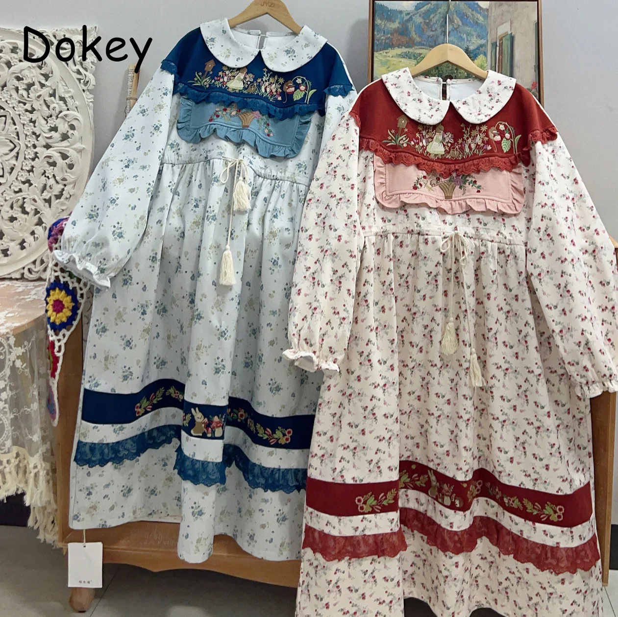 Vintage Embroidery Mori Girl Flower Kawaii Dress Women Autumn Peter Pan Collar Thick Loose Dress Japanese Lolita Party Vestidos