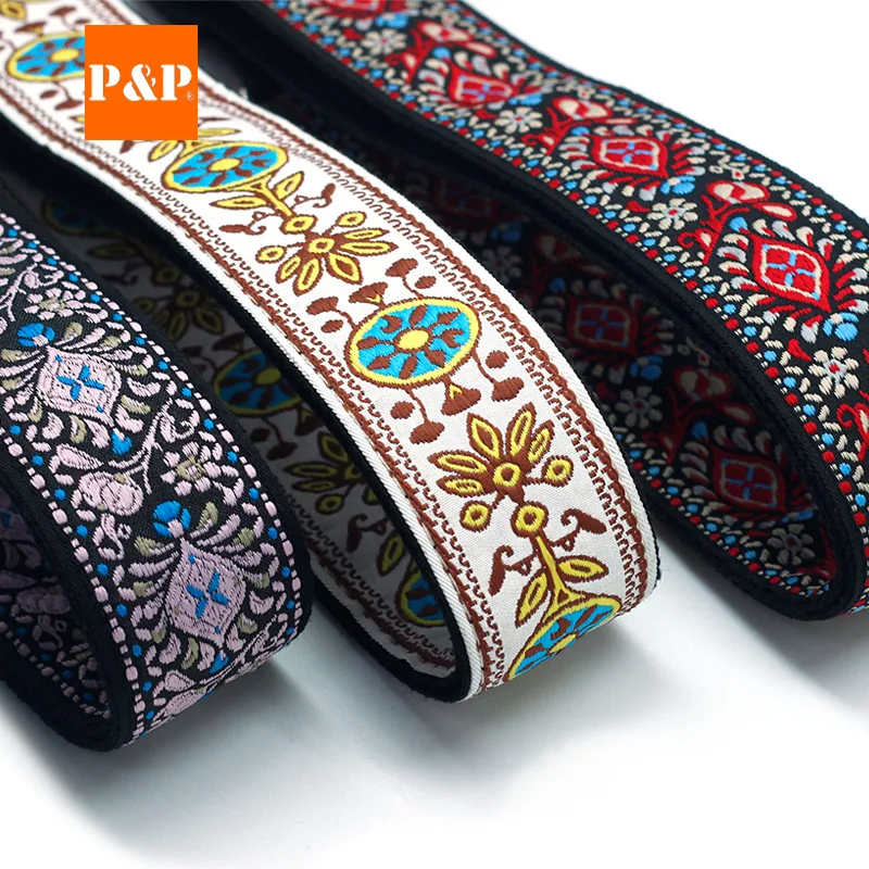 Guitar Strap Embroidered Belt Adjustable Jacquard Band Cotton Leather End For Bass Acoustic Electric Guitar Ukulele Instruments