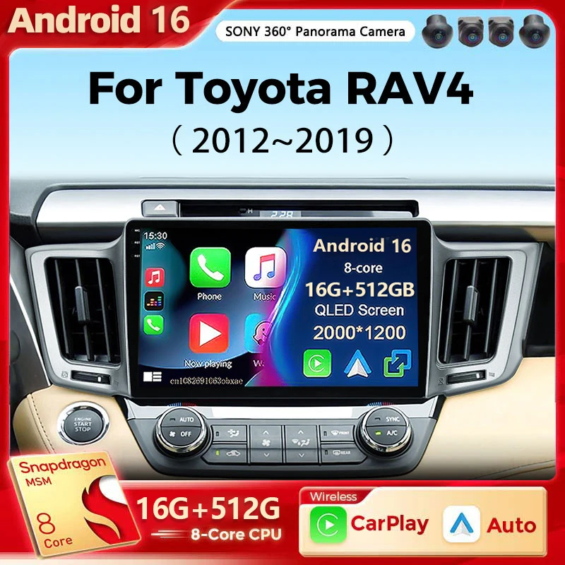 Android 16 Car radio For Toyota RAV4 RAV 4 XA40 2012-2019 Carplay Android Auto Qualcomm Car Stereo Multimedia Player 48EQ 2 Din