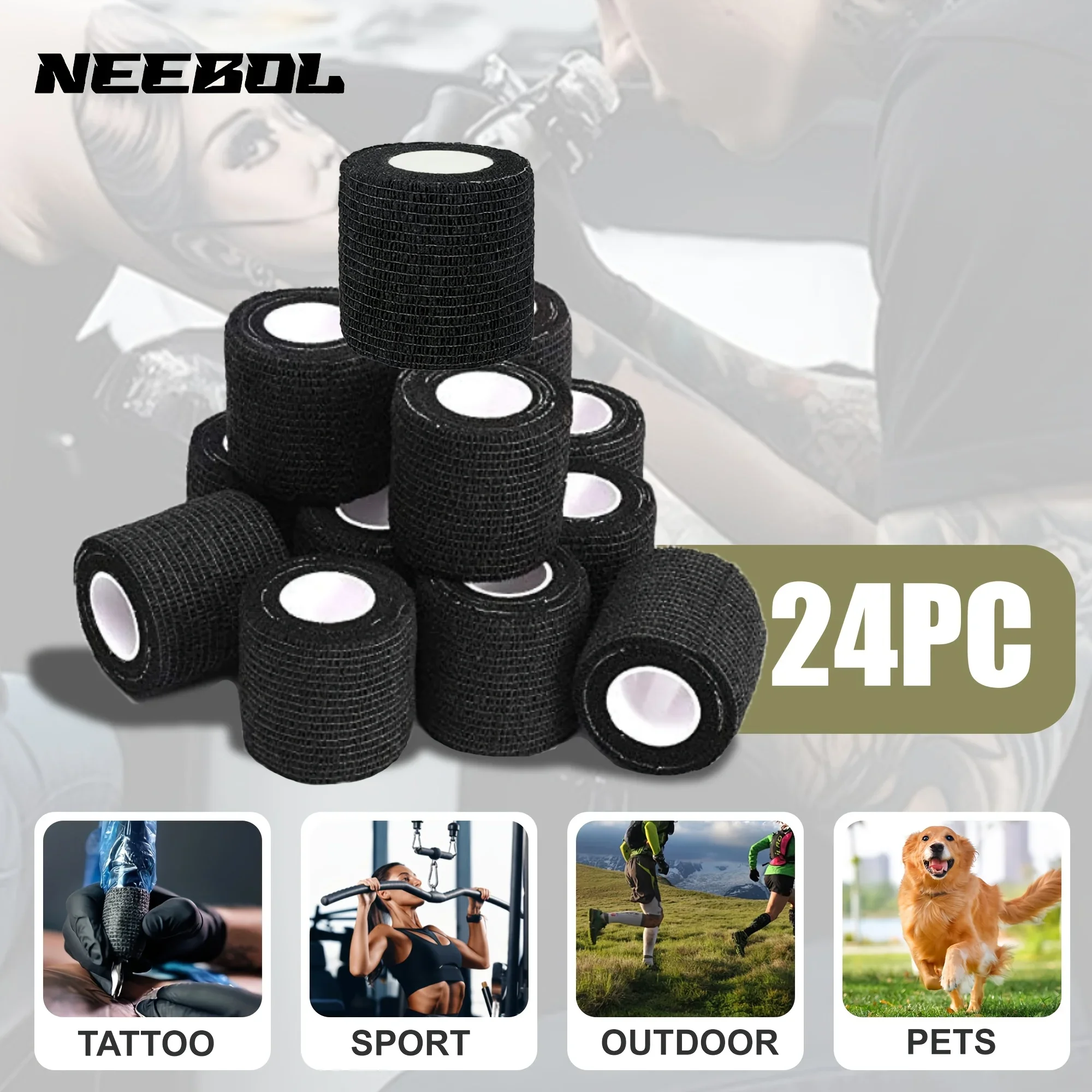 48/24/3PCS Black Tattoo Grip Cover Wraps Self-Adhesive Elastic Bandage Tape Breathable Strong Sports Tape Athletic Bandage Rolls view 2