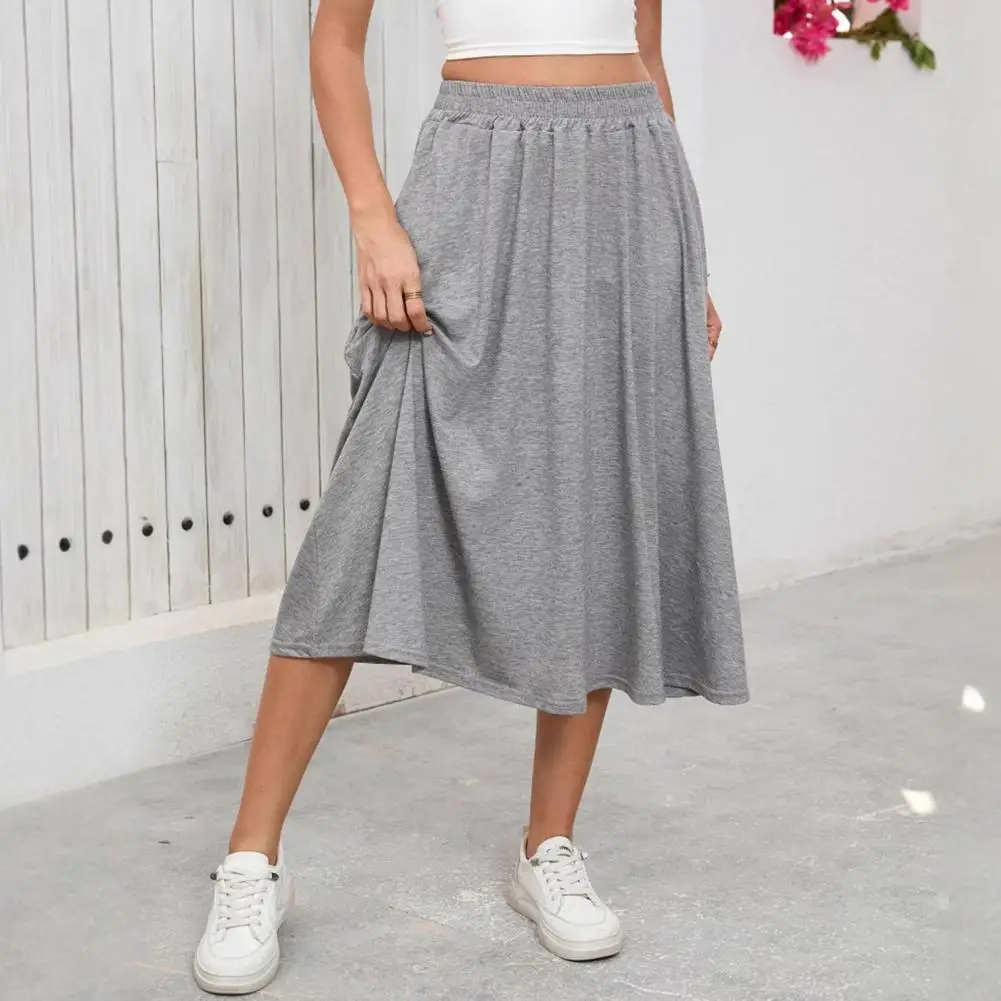 

Women Midi Skirt Elastic High Waist Large Hem Mid-calf Length Skirt Solid Color Commuting Style Skirt