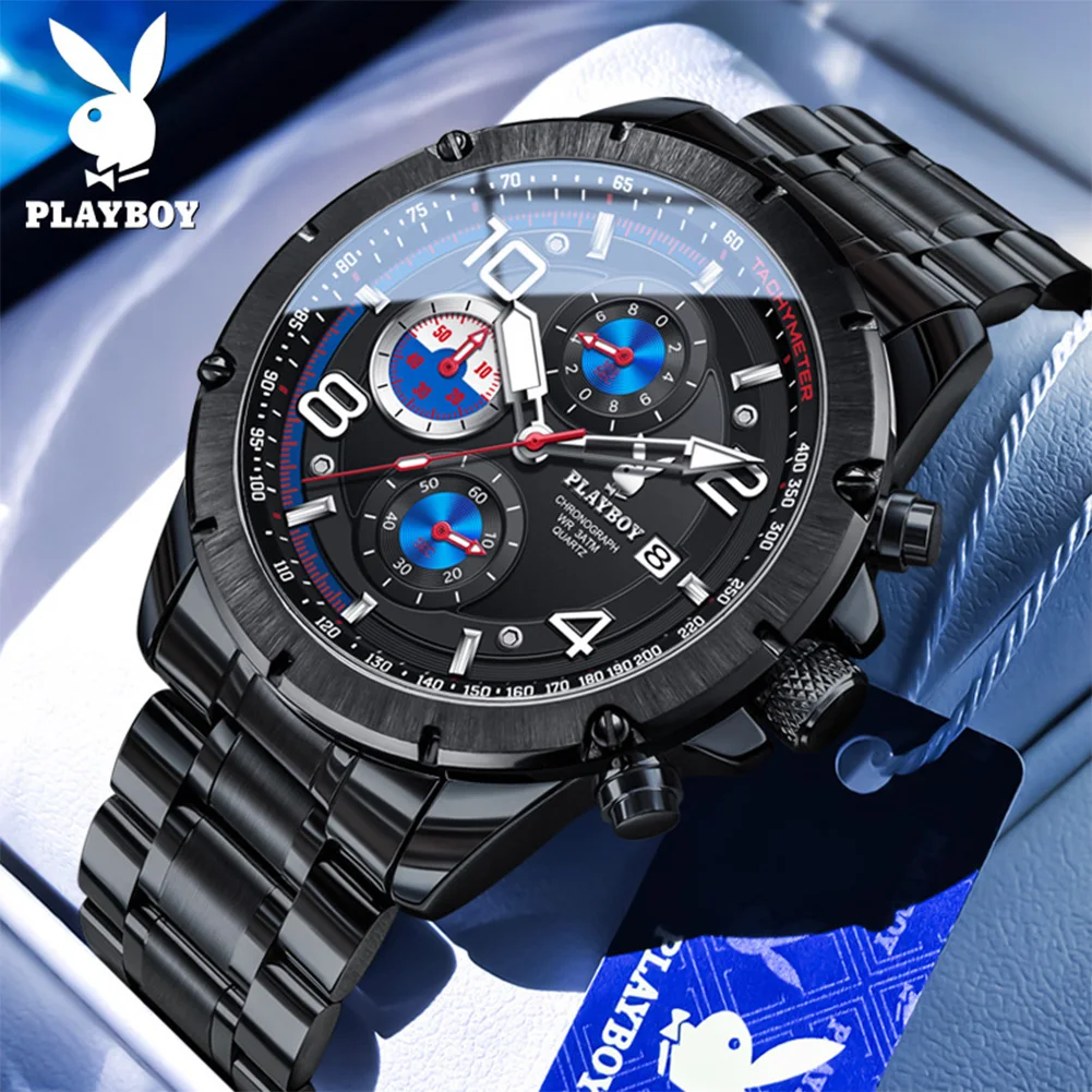 PLAYBOY Men's Watches Original Solid Steel Strap/Silicone Watchband Luxury Chronograph Sports Quartz Wrist Watches for Man 3509