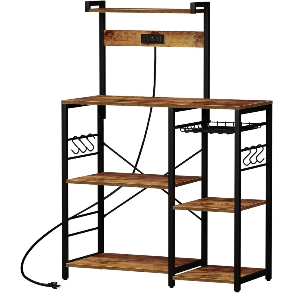 

Bakers Rack with Power Outlet, Microwave Stand, Coffee Bar with Wire Basket, Kitchen Storage Rack with 6 S-Hooks,