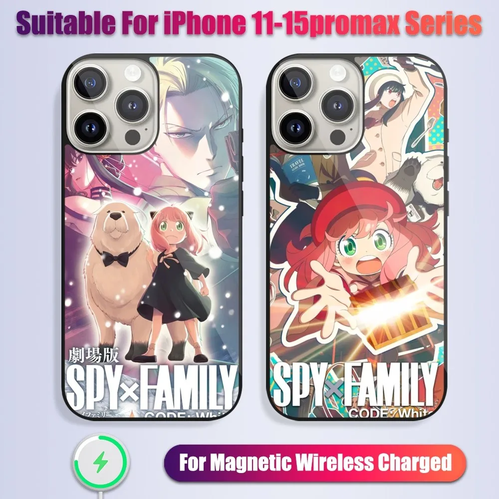 

bilibili Anime SPY FAMILY White Phone Case For iPhone 13 14 15 11 12 Pro Max Plus Wireless Glass Charging Magsafe Magnetic Shell