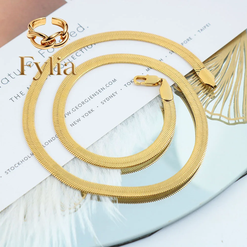Fylia Jewelry   Luxury 24K 9999 Pure Gold real gold Women's Minimalist Fishbone Chain Necklace 45cm 50CM Flat Snake Bone Chain
