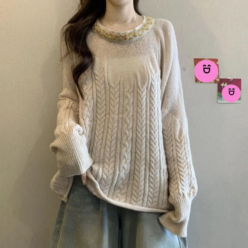 

Свитер, трикотаж, женская мода, тяжелый рабочий свитер с бисером, верхняя одежда, осень-зима, новый большой размер, большие размеры, ленивый