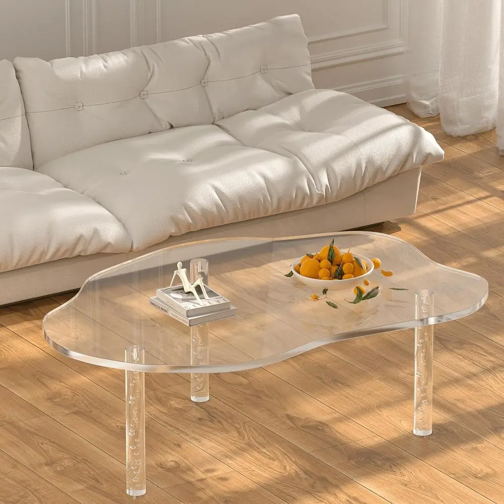 

Modern Clear Acrylic Irregular Edge Coffee Table with 3 Bubble Legs, 39x28x16 inches for Living Room Decor