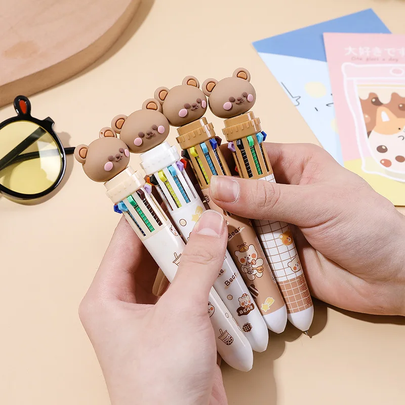 3/6/12/18Pcs Cute Bear 10-Color Cartoon Press Ballpoint Pen Student Multi-Color Handbook Graffiti Oil Pen - Assorted Colors