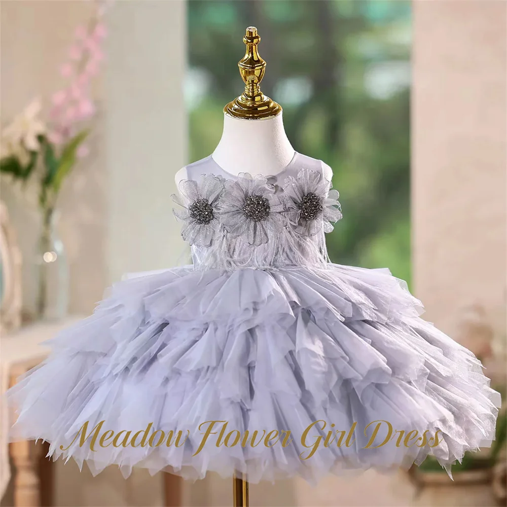 Meadow Blush Pink Kids Birthday Party Dress Round Neck Sleeveless Pageant Dress for Girl 3D Flower Fairy First Communion Gown