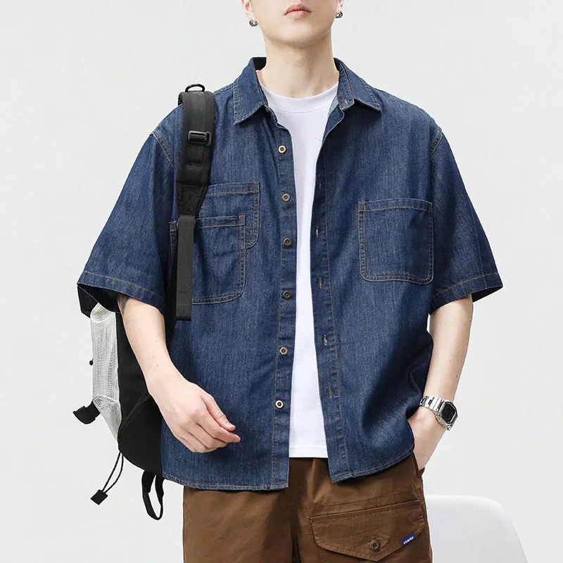 

Korean Retro Men's Short-sleeved Denim Cargo Shirt Summer New Thin Harajuku Casual Loose Shirt for Men Coat Tops Streetwear Y2k