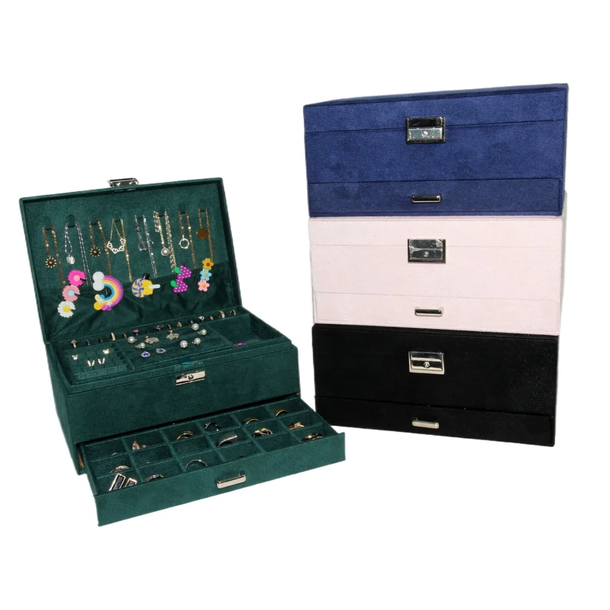 Luxury Velvet Jewelry Box with Three - Layer Drawers and Lock for Large - Capacity Jewelry Storage Ideal as a Delicate Gift