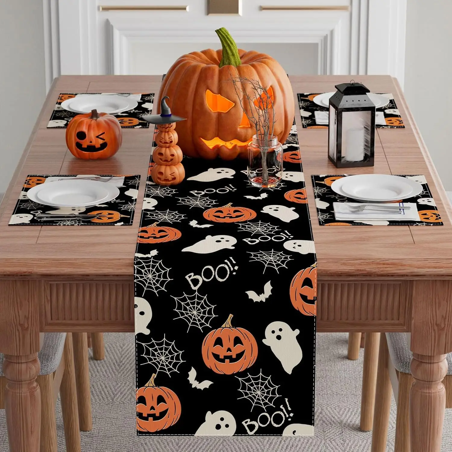 Halloween Spooky Ghost Boo Spider Web Linen Table Runner Party Decor Reusable Kitchen Dining Table Runner Halloween Decorations