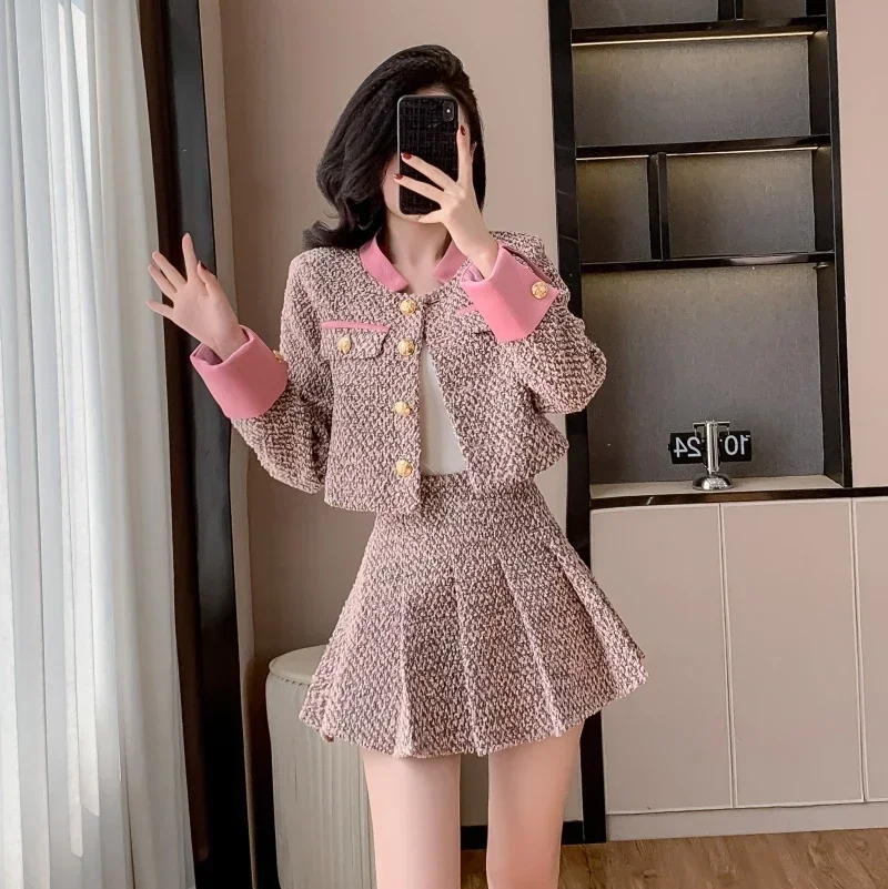 2025 Autumn Winter Classic New High-end Spliced Long Sleeves Tweed Blazer Jacket + High-waist Pleated Skirt Two-piece Set Women