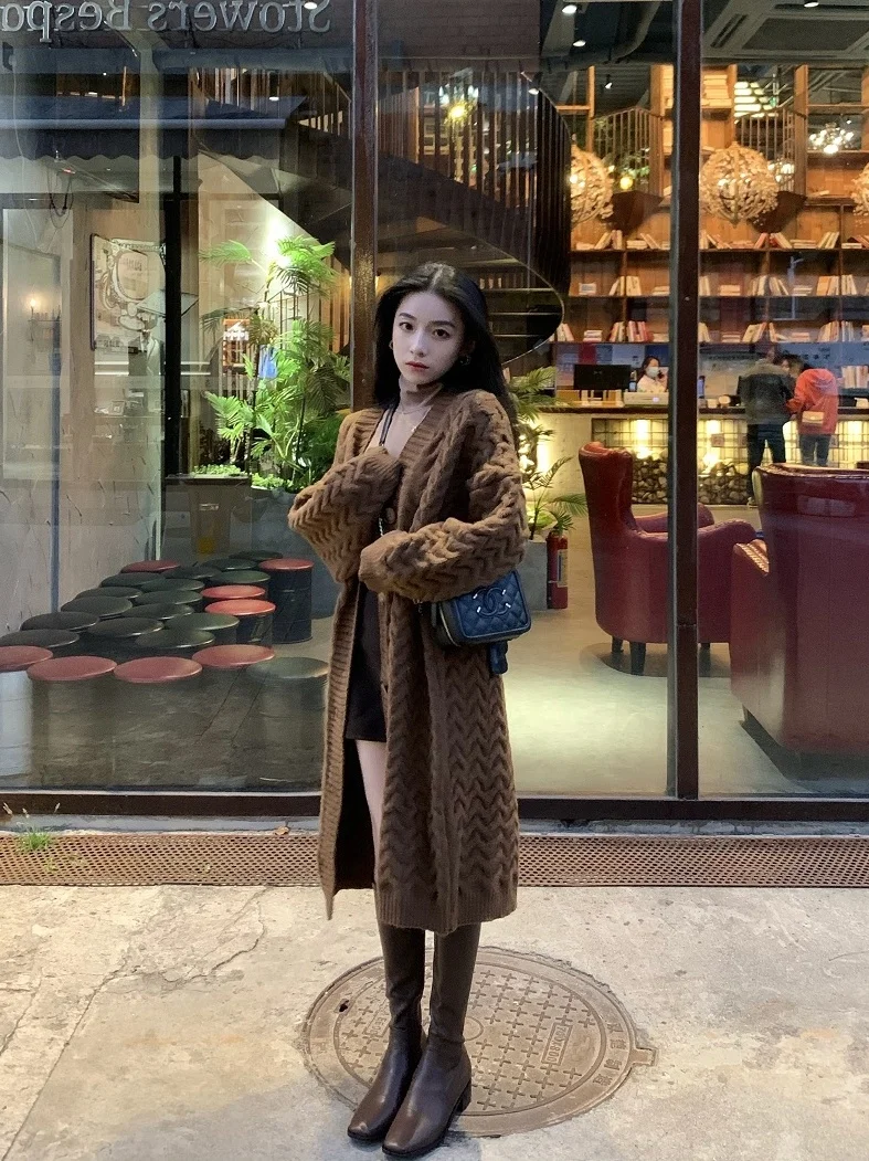 

Warm Long Knitted Sweater Coat SIMONA Caramel Latte Twisted Long Sve Cardigan Outerwear Slimming V-ne Button-up Sle