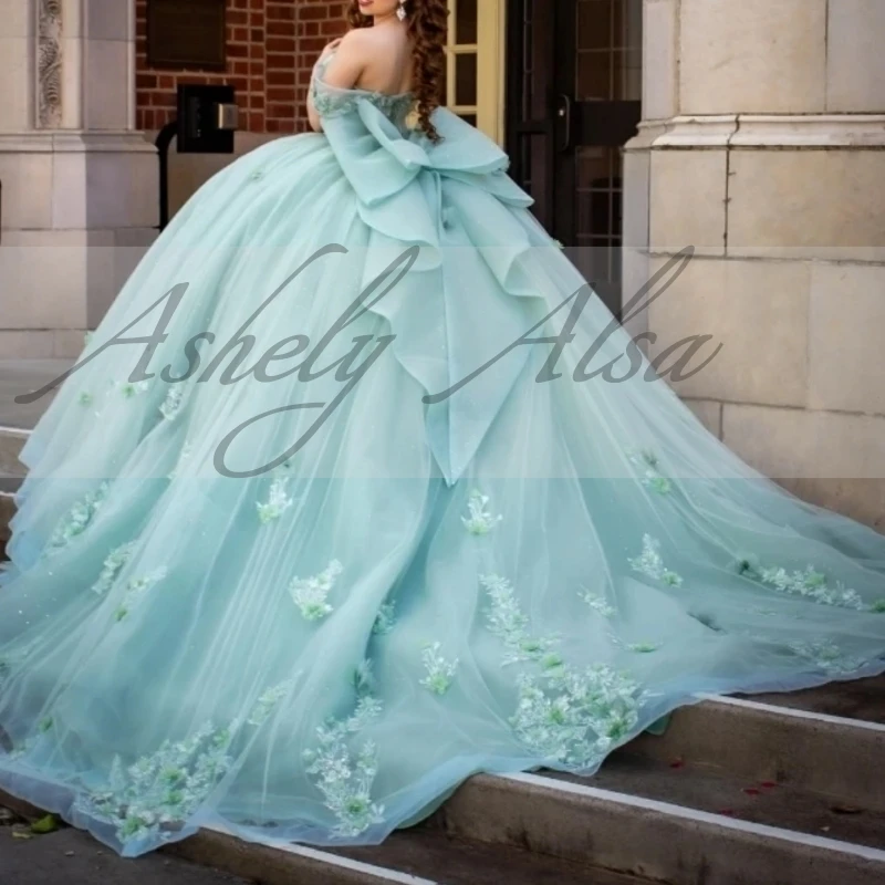 Vestido De quinceañera verde menta mexicana para mujer, vestido De baile, apliques florales 3D, corsé De lazo, 15 Años, ropa De fiesta De cumpleaños y graduación