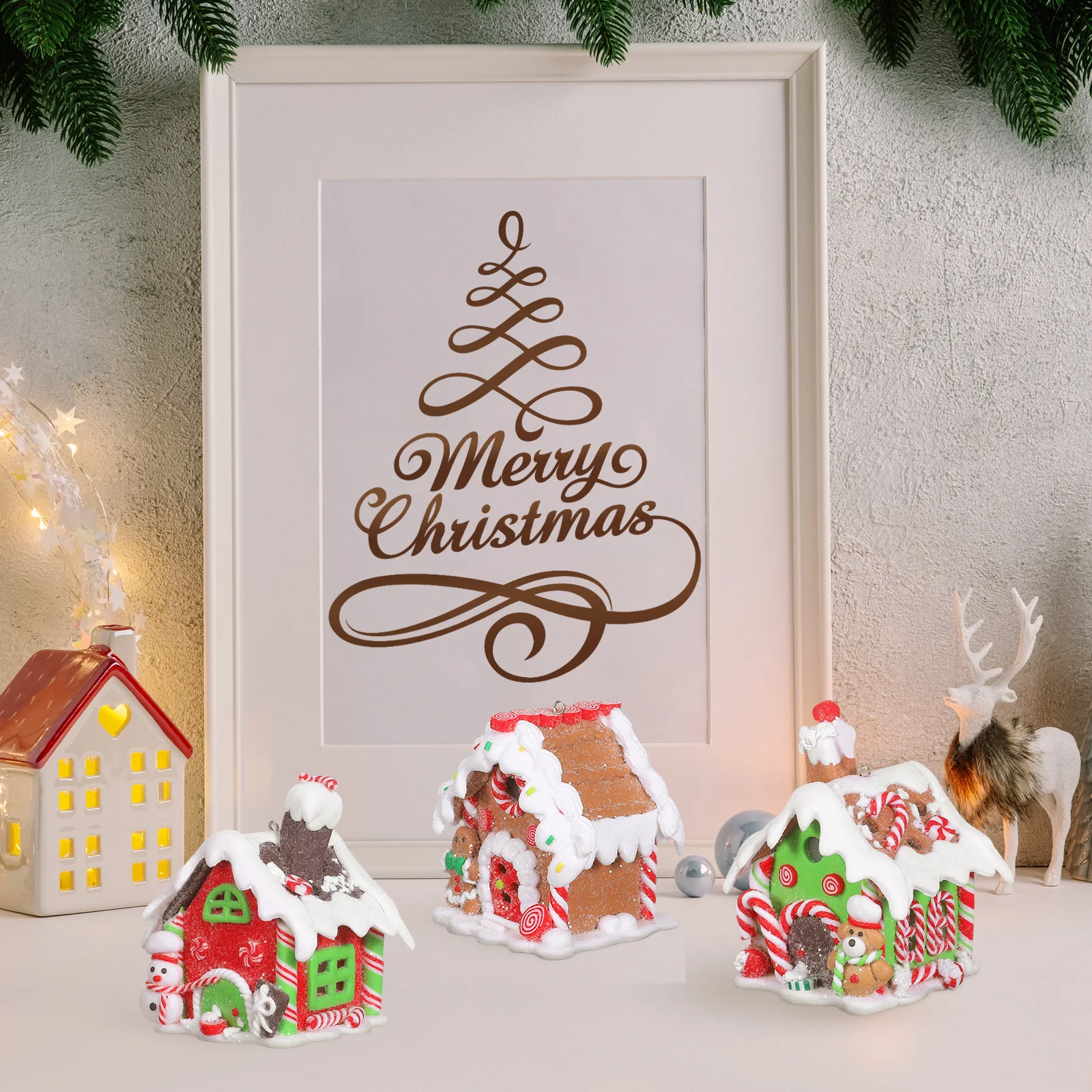 

3pcs Luminous Resin House Decorative Cabins For Christmas Tree Pendant Night Light Hanging Ornament Desk Decoration