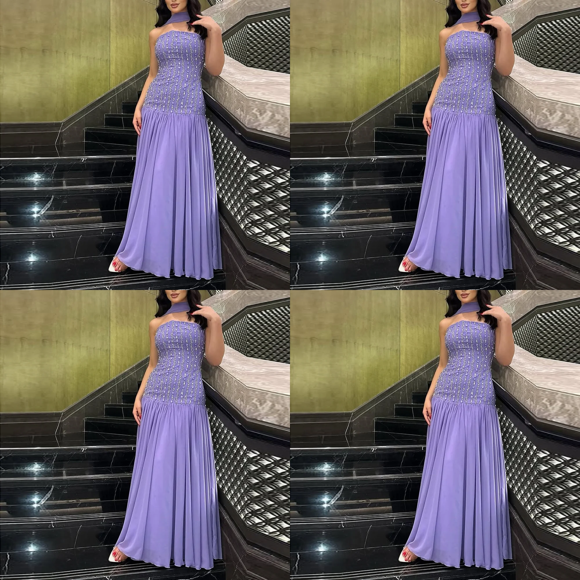 Dramatisches, saudi-arabisches A-Linien-Kleid aus Chiffon mit U-Boot-Kragen, rückenfrei, langes, perlenbesetztes Kristall-Abendkleid für maßgeschneiderte Brautlässe