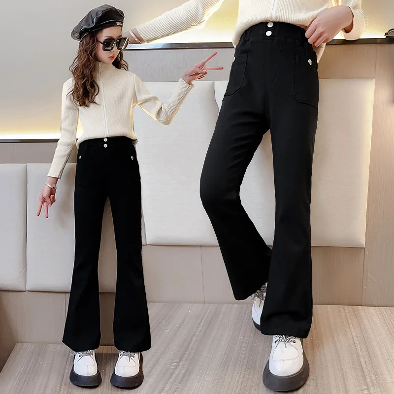 

Черные расклешенные джинсы для девочек на весну и осень, облегающие джинсовые брюки для детей, леггинсы для девочек