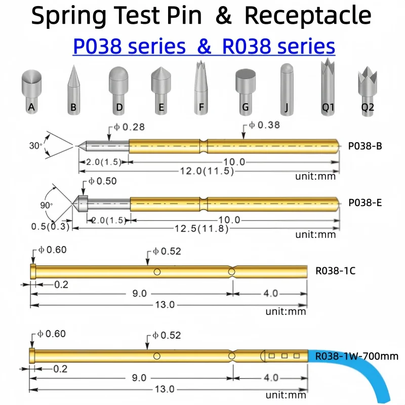 P038 Series Nickel Plated Brass Spring Test Probe Test Pin Pogo Pin Electric Detection Needle PCB Test Tool P038-B P038-B1 R038